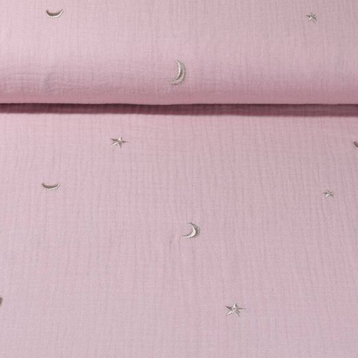 Mousseline de coton - Etoiles et lunes brodées Vieux rose