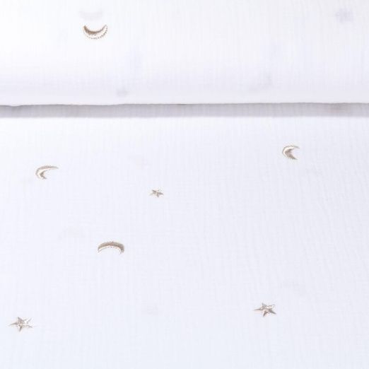 Mousseline de coton - Etoiles et lunes brodées Blanc cassé