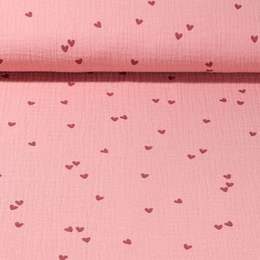 Mousseline de coton - Petits coeurs Rose foncé