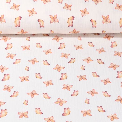 Mousseline de coton - Double Gaze Impression digitale Papillons Vanille