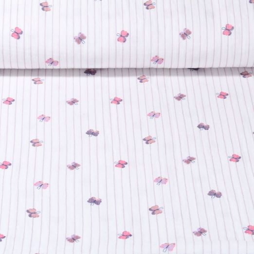 Baumwoll-Musselin - Double Gauze Digitaldruck Schmetterlinge Streifen Offweiß Rosa