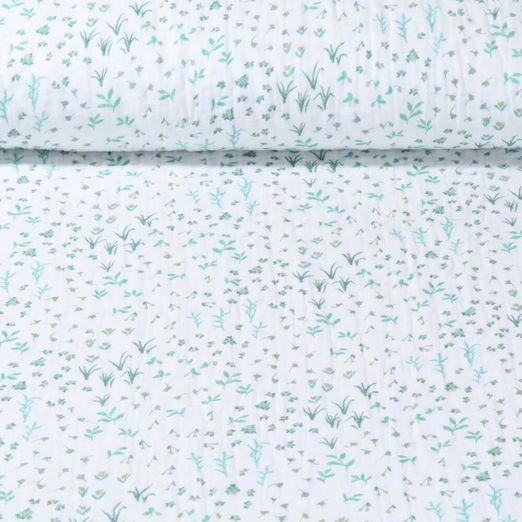 Mousseline de coton - Double Gaze Impr. num. Botanique Ecru Vert