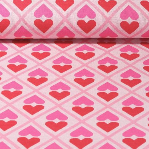 Jersey jacquard bio - Hamburger Liebe Hand on Heart ASS Beige Fuchsia