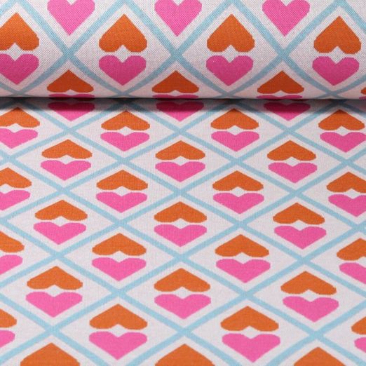 Bio Jacquard Jersey - Hamburger Liebe Hand on Heart ASS Beige Rosa