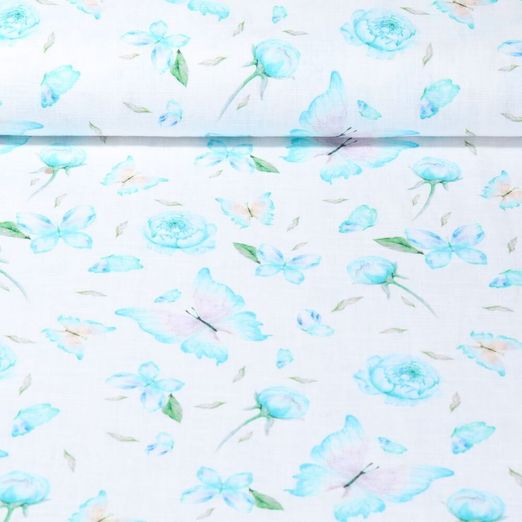 Lin - Impression digitale Papillons délavés Blanc Turquoise