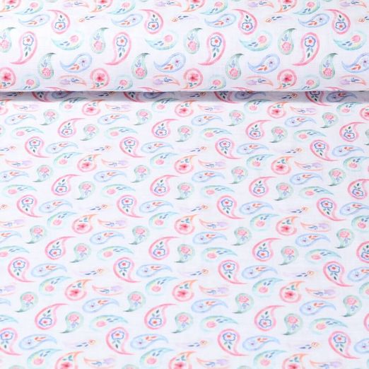 Lin - Impression digitale Paisley délavés Blanc