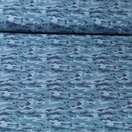Baumwoll-Popeline - Tarnmuster Totenköpfe Blau