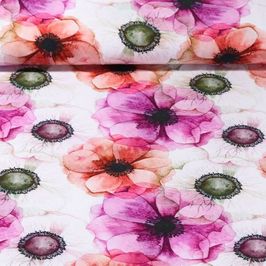 Popeline de viscose - Impression digitale Fleurs multicolores Ecru Rose vif