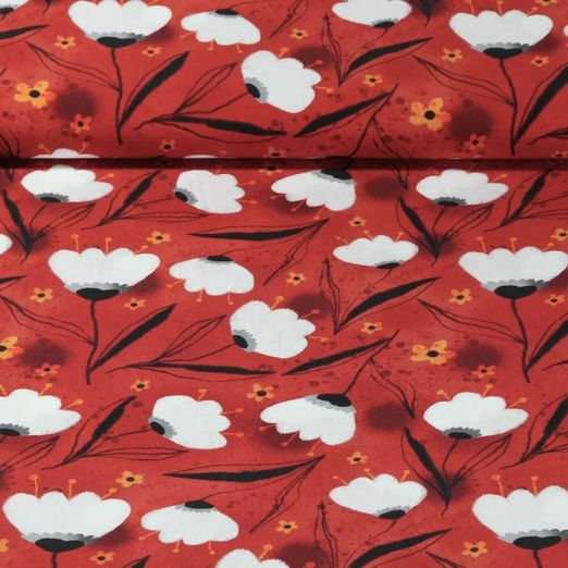 Popeline de viscose - Impression digitale Fleurs Rouge