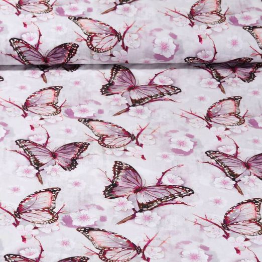 Popeline de viscose - Impression digitale Papillons Gris Violet