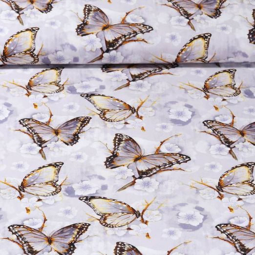 Popeline de viscose - Impression digitale Papillons Gris Jaune