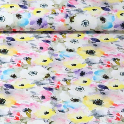 Popeline de viscose - Impression digitale Fleurs en aquarelle Multicolore