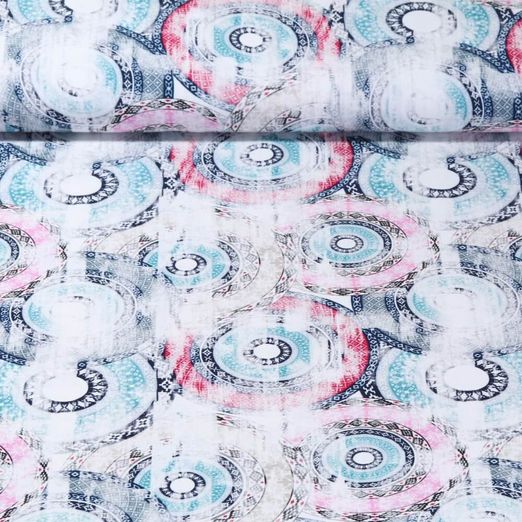Popeline de viscose - Impression digitale Mandala vintage Ecru Turquoise