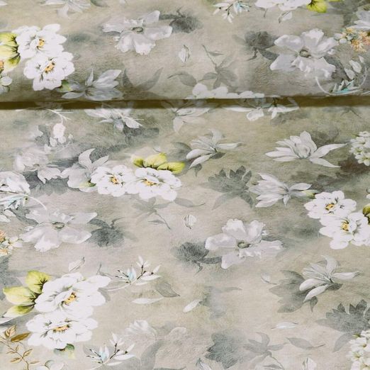 Popeline de viscose - Impression digitale Feuilles et fleurs Sable