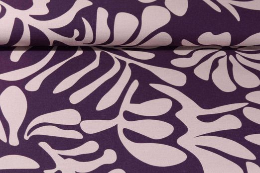 Toile de coton canevas - Feuilles vintages Aubergine