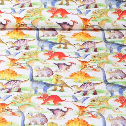 Popeline de coton - Impression digitale Dinosaures Blanc Multicolore