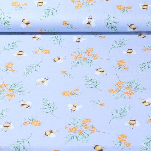 Cretonne de coton - Impression digitale Bourdons et baies Bleu