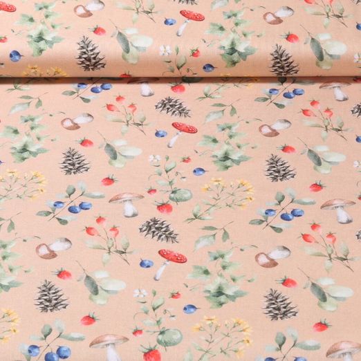 Cretonne de coton - Impression digitale Fruits des bois Beige