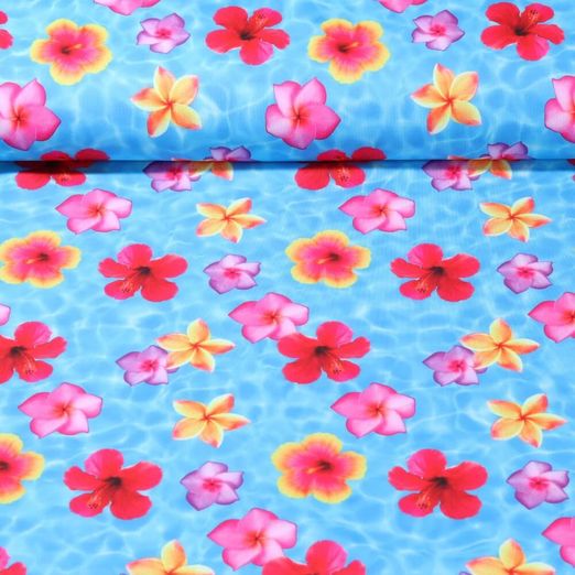 Tissu sport et maillot de bain - UPF50 Fleurs hawaiennes Bleu Résistant au chlore
