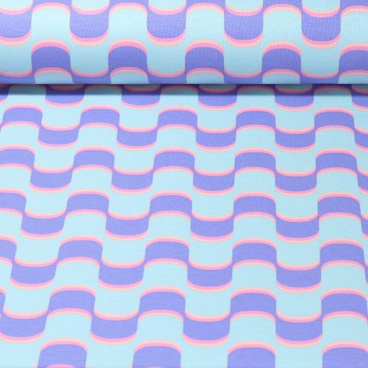 Sweat d'été - French Terry Tissu à combiner Vagues rétro Bleu clair