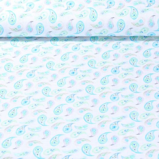 Lin - Impression digitale Paisleys délavés Blanc Turquoise