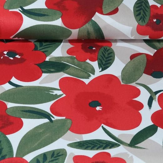 Baumwoll Canvas - Köper Große Blüten Ecru Rot