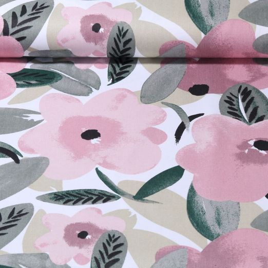 Baumwoll Canvas - Köper Große Blüten Ecru Rosa