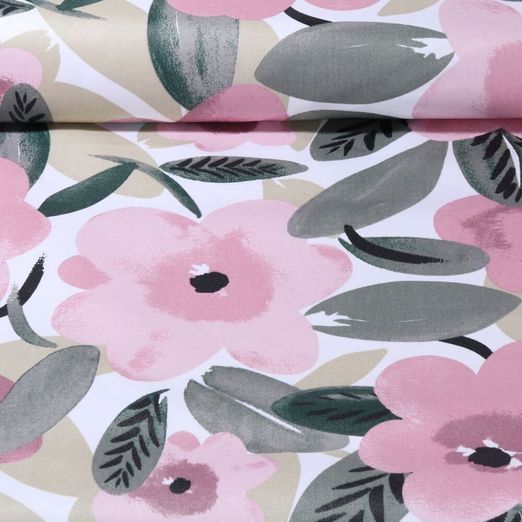 Toile Canevas Enduite - Grandes fleurs Ecru Rose