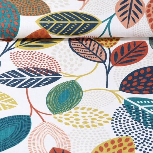 Toile de coton canevas - Aspect lin Feuilles Ecru Multicolore