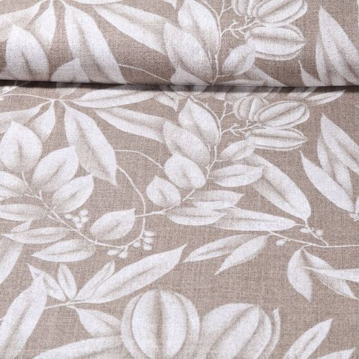 Toile de coton canevas - Aspect sérigraphié Feuilles Taupe