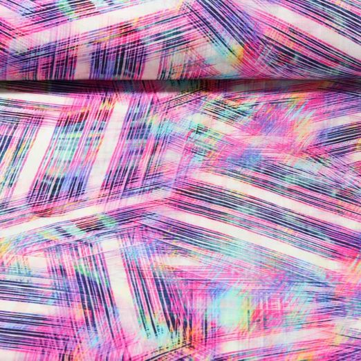 Popeline de viscose - Impression digitale Mix de rayures Multicolore Rose vif