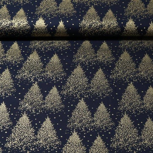 Baumwoll-Popeline - Weihnachtswald Gold Navy