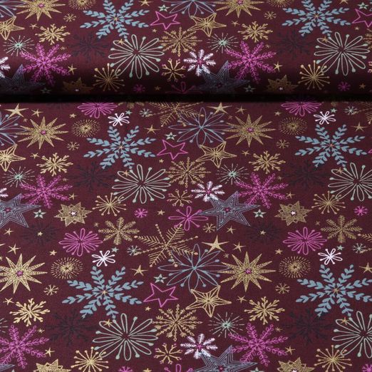 Baumwoll-Popeline - Sterne Und Kristalle Bordeaux Gold