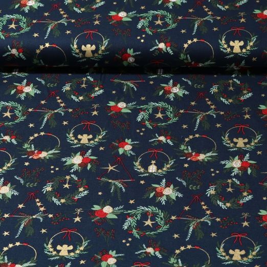 Popeline de coton - Couronne de Noël Bleu marine foncé Doré