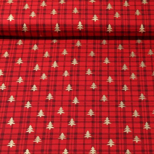 Baumwoll-Popeline - Weihnachtsbäume Karo Rot Gold