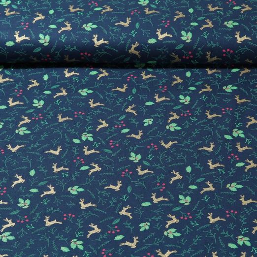 Baumwoll-Popeline - Hirsche Blätter Navy Gold