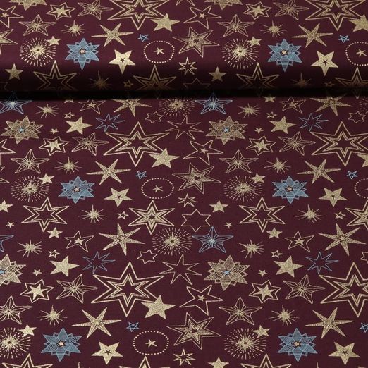 Popeline de coton - Mélange d'étoiles Bordeaux Doré