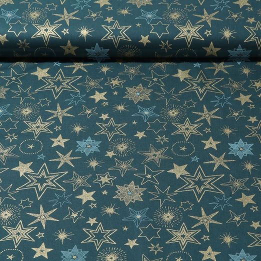 Popeline de coton - Mélange d'étoiles Bleu pétrole Doré
