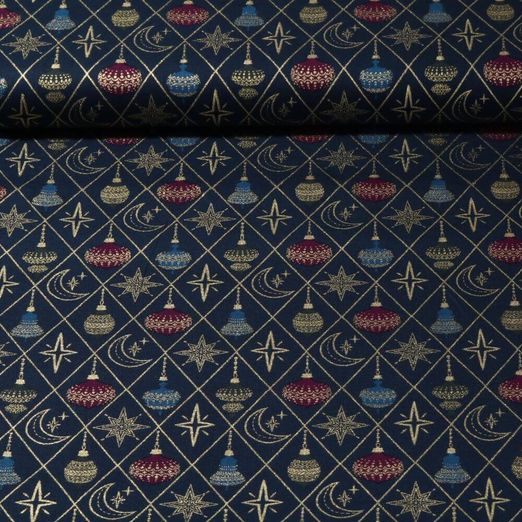 Baumwoll-Popeline - Weihnachten Rauten Kugeln Navy Gold