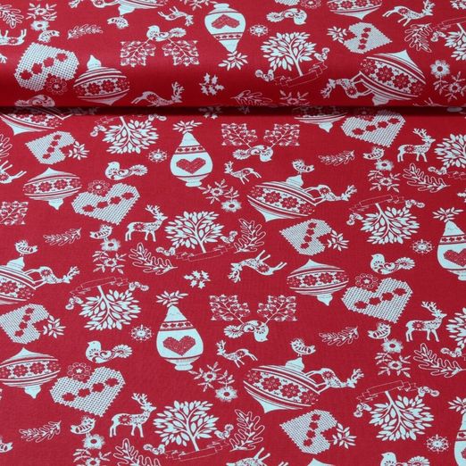 Popeline de coton - Noël campagnard Rouge