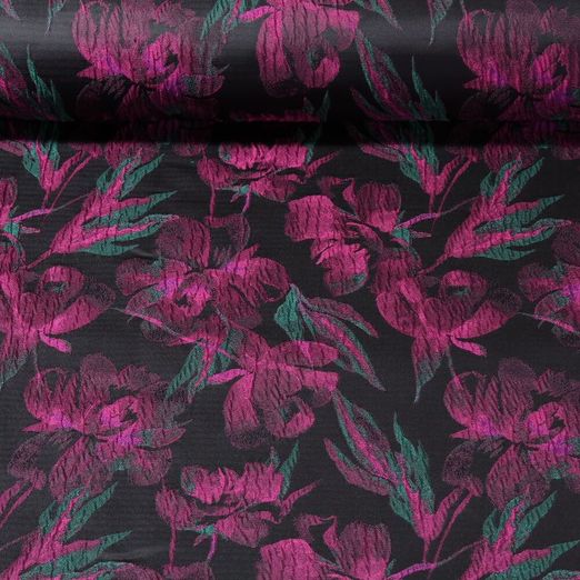 Tissu robes et blouses - Jacquard Fleurs Noir Rose vif
