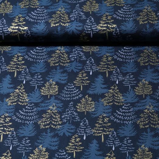 Baumwoll-Popeline - Tannenbäume Navy Gold