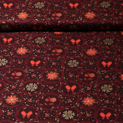 Baumwoll-Popeline - Blumenkranz Bordeaux Gold