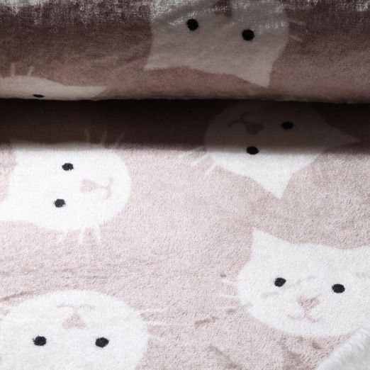 Kuschelfleece - Doubleface Katzengesichter Beige Ecru