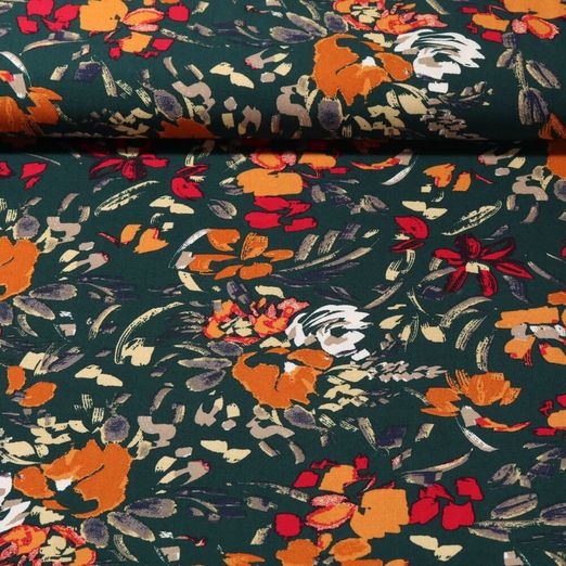 Popeline de viscose - Peinture de fleurs Vert sapin