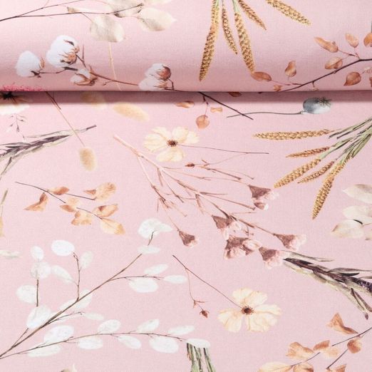 Toile de coton canevas - Impression digitale Fleurs séchées Rose