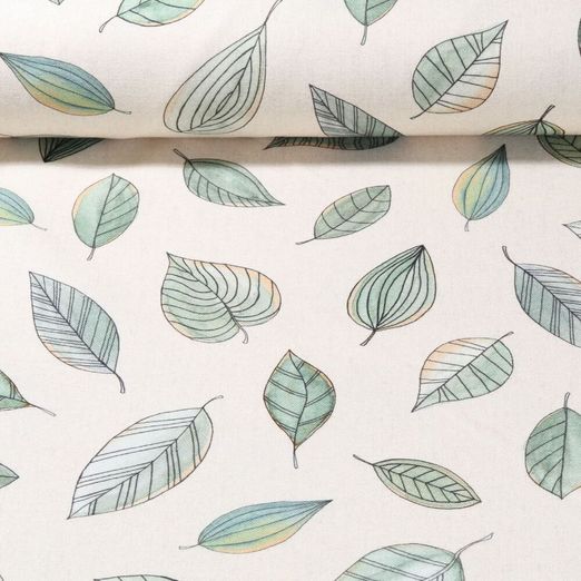 Baumwoll-Canvas - Leinenlook Blätter Aquarell Ecru