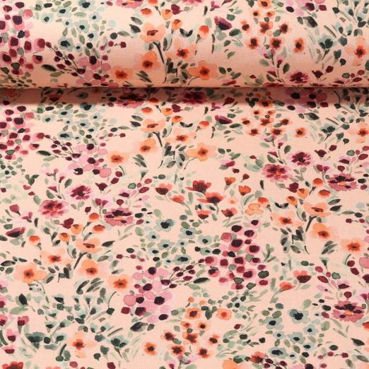 Toile de coton canevas - Impression digitale Fleurs peintes Rose saumon