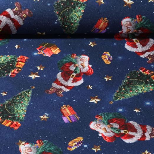 Toile de coton canevas - Père-Noël Sapins de Noël Bleu marine