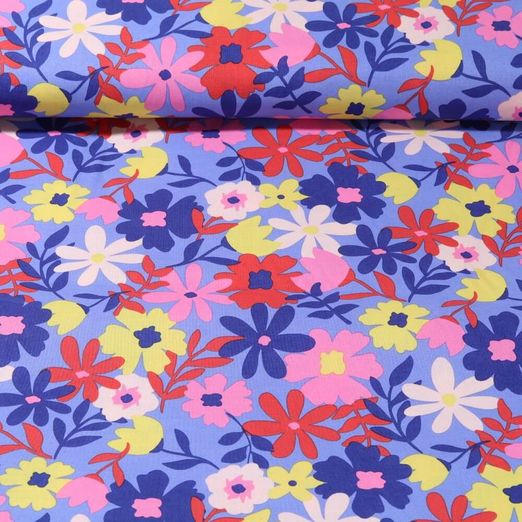 Coton enduit - Fleurs Bleu